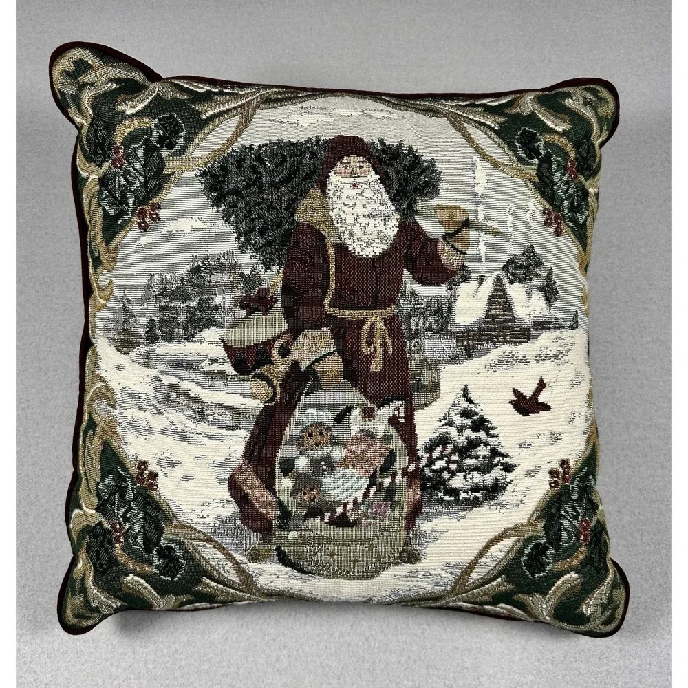 Christmas Tapestry Throw Pillow Old World Santa Snow Tree Red Velvet 14